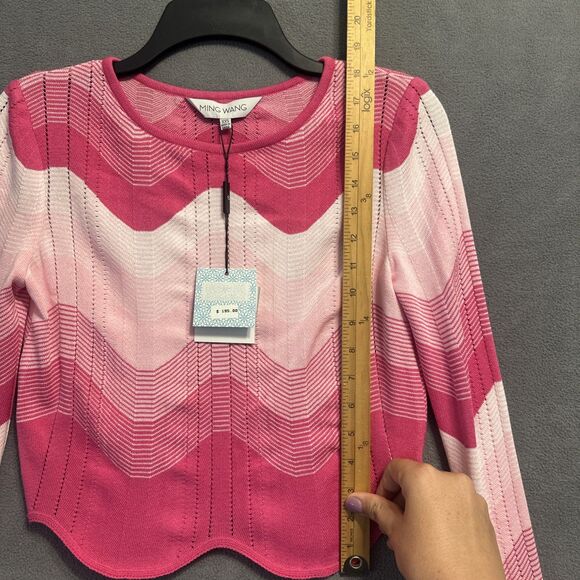 NWT Ming Wang Chevron Stripe Lightweight Knit Sweater Top Size XXS Pink Preppy - Picture 8 of 9
